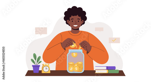 Smiling person saving money in a jar with books and a plant in a minim