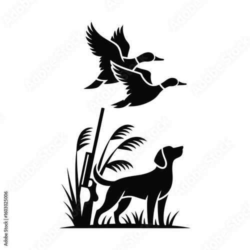 Black and white vector icon set of wild bird hunting scene with flying ducks, alert dog, reeds, and shotgun in clean silhouette style