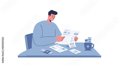 Man managing finances at desk with documents and currency in modern ar