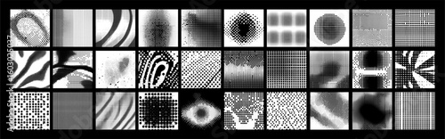 Halftone Pattern Collection: A diverse set of 36 monochrome halftone textures, offering various dot patterns, gradients, and shapes for design projects.
