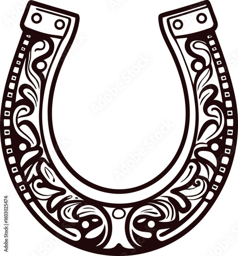 Ornate vintage horseshoe isolated on white background, decorative floral engraving, good luck symbol illustration