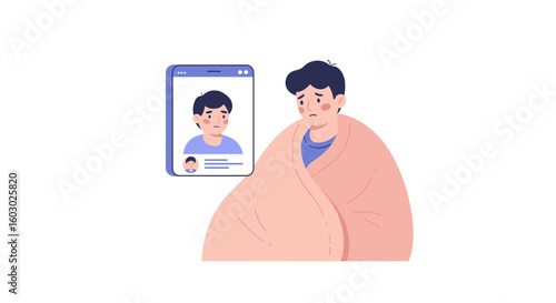 Sick teenager with smartphone video call on white background