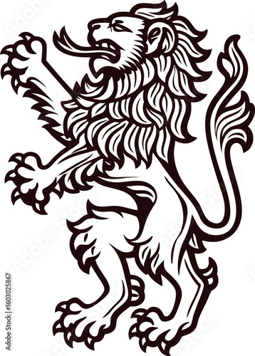 Heraldic lion standing on hind legs with raised paw and detailed mane in vintage engraved illustration
