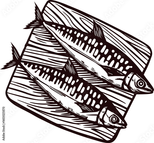 Two hand drawn mackerel fish on wood cutting board vintage engraving illustration
