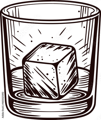 Vintage hand drawn glass tumbler with a single ice cube in engraving illustration