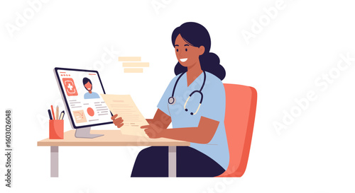 Smiling nurse reading patient records at desk with computer