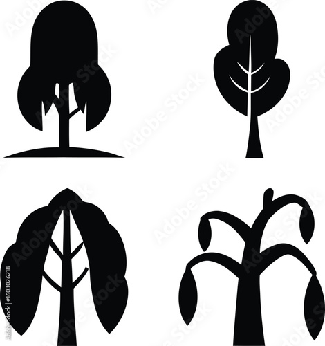 Collection of four stylized black tree silhouettes on white