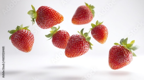 Vibrant red strawberries in mid-air against a pure white background, showcasing crisp detail.