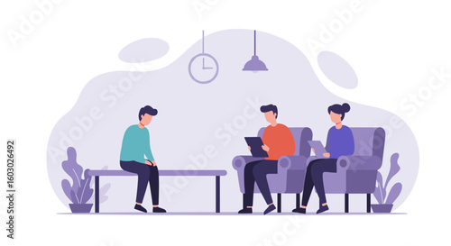Modern office waiting area with people engaged in relaxed interaction