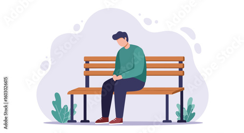 Minimalist flat design of a person sitting on a bench in contemplation