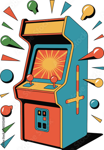 Retro arcade cabinet with colorful exploding game graphics and abstract shapes bursting outwards