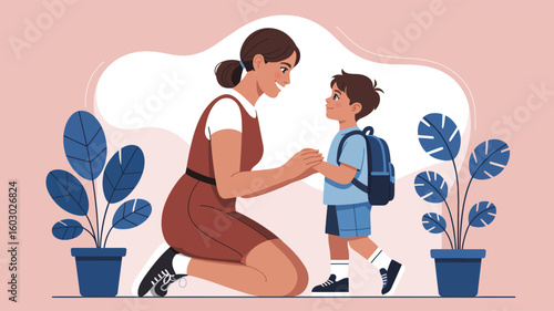 Heartwarming illustration of woman kneeling to support child with backpack, symbolizing parenting, school readiness, care, and emotional bonding
