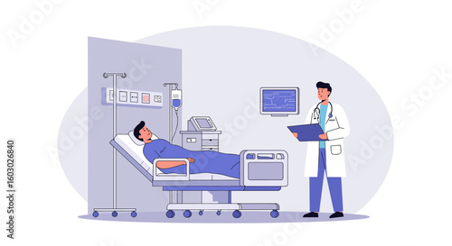 Flat design hospital scene with doctor and patient in modern medical r