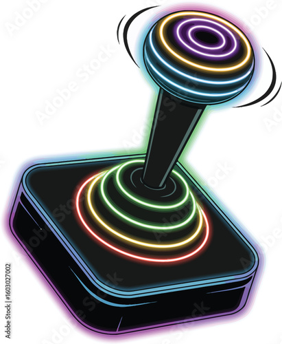 Retro arcade joystick with vibrant neon glowing rings and a spinning top on a white background