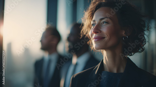 Businesswoman with team, city view, and sunset.
