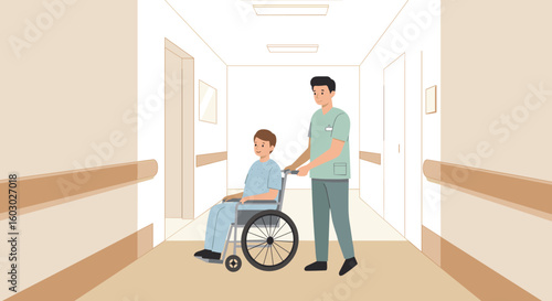 Healthcare worker assisting patient in wheelchair in hospital corridor