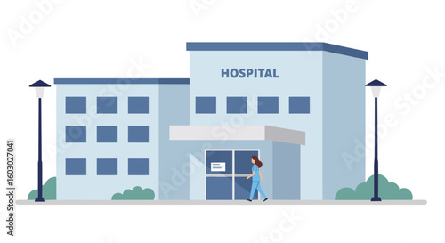 Modern hospital building with minimalist design in flat style