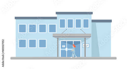 Modern hospital building with healthcare worker in flat style
