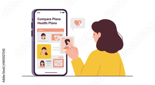 Woman reviewing health plans on mobile app with comparison charts and