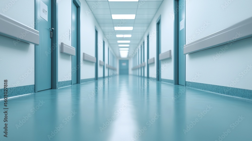 Fototapeta premium Out-of-focus hospital corridor background, clean and sterile,