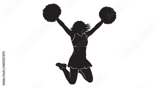 Cheerleader silhouette jumping with pom poms, black and white illustration