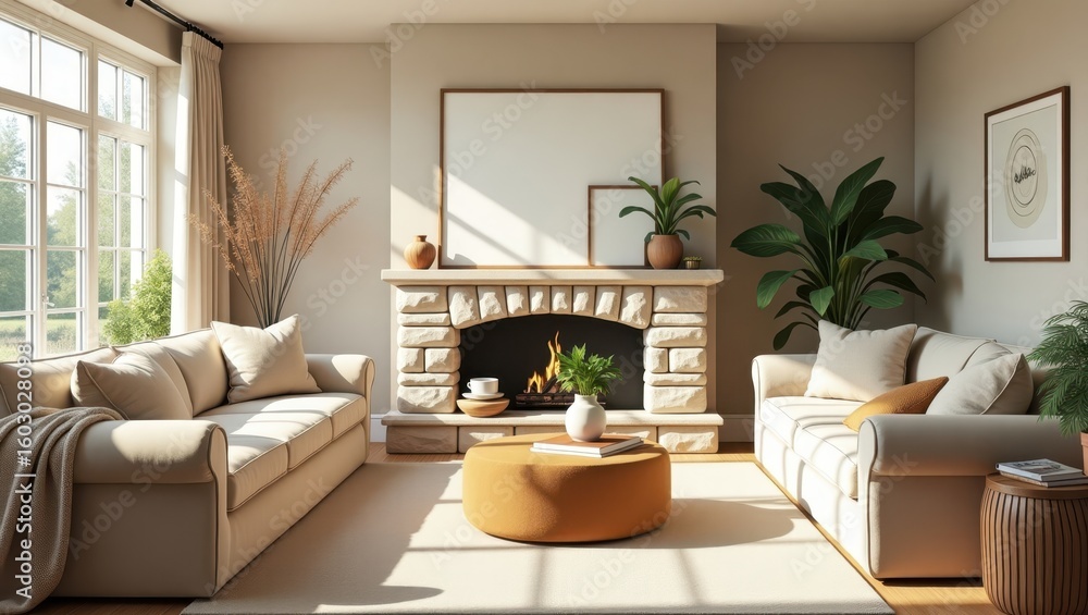 Fototapeta premium Cozy living room with a stone fireplace and large windows.