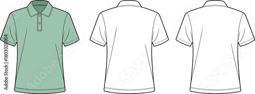 Cad drawing flat vector illustration of polo shirt front and back view fashion sketch for garment design template, apparel CAD