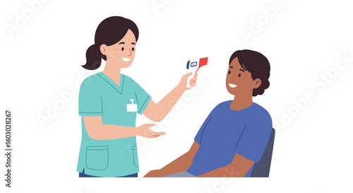 Health worker taking patients temperature with infrared thermometer in