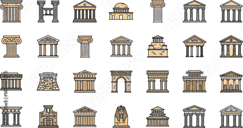 Ancient architectural wonders are showcased in this vector art collection, featuring iconic buildings and columns from historical civilizations in a clean, modern style.