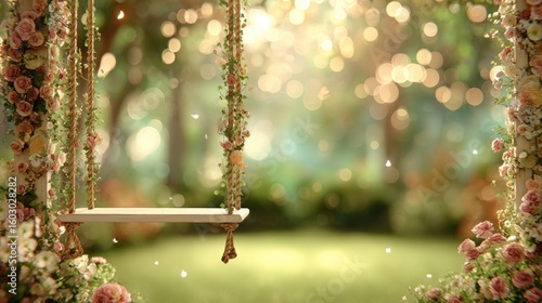 Romantic floral swing set in a garden setting.