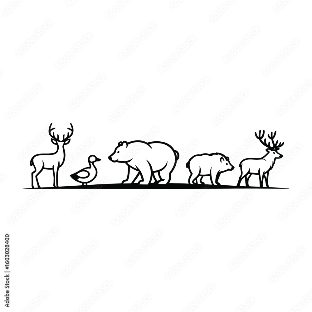 Fototapeta premium Hunting Animal Silhouettes Vector – Deer, Duck, Bear, Boar, Elk in Minimalist Style