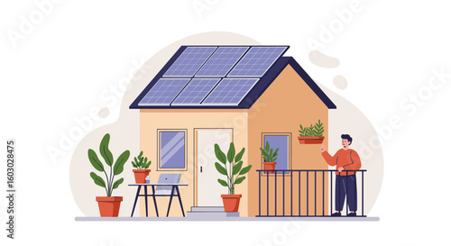 Sustainable home with solar panels and balcony garden in modern flat d