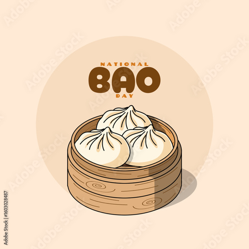 National Bao Day to celebrate on August 22nd. Three bao, usually filled with meat, are placed in a bamboo steamer. Food event banner.