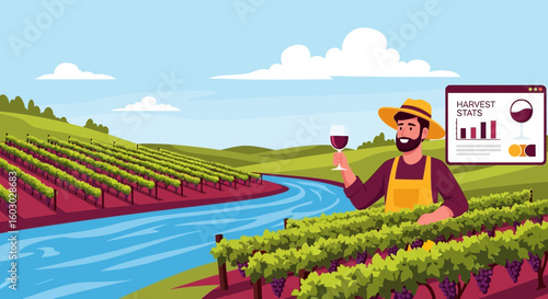 Wine Harvest Data Visualization And Tasting In Vineyard Landscape
