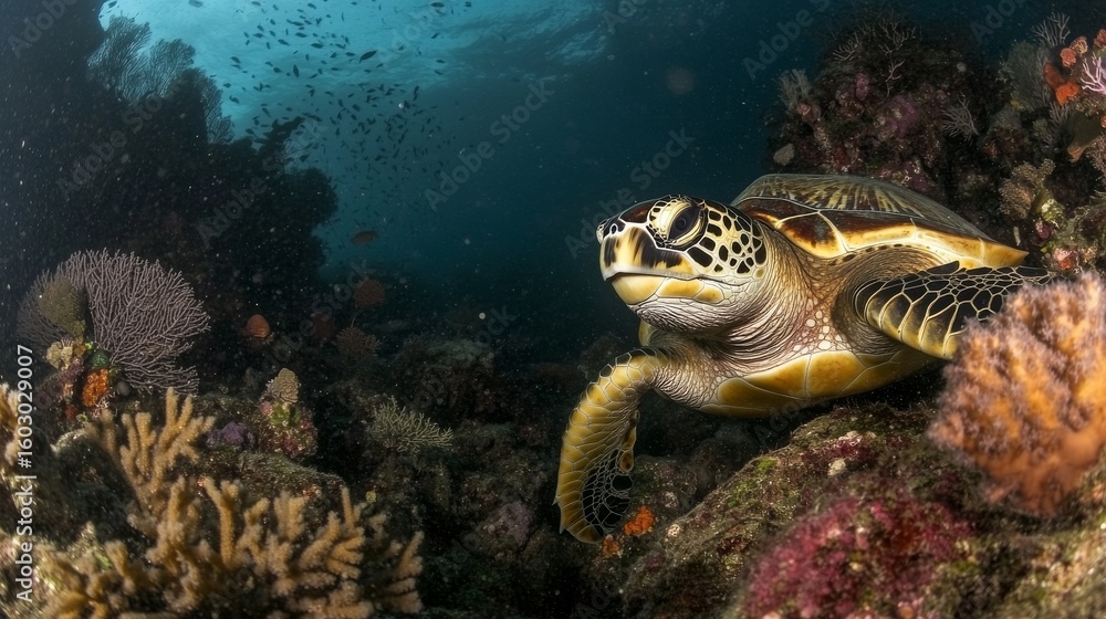 Fototapeta premium Green sea turtle swimming gracefully over vibrant coral reef in clear tropical waters of komodo national park, indonesia, showcasing marine wildlife and natural underwater habitat