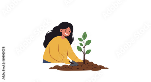 Woman planting tree in flat style, promoting environmental awareness a