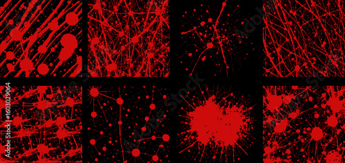 Red Ink Splatter Textures: A set of eight high-resolution vector illustrations featuring diverse red ink splatters on a black background, ideal for design and commercial use.