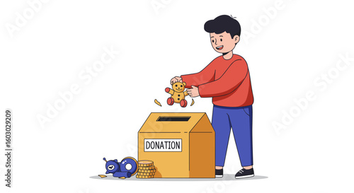 Young boy donating toys and coins: act of generosity and kindness