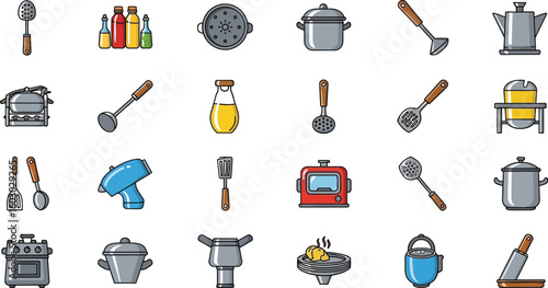 A delightful assortment of kitchen utensils and appliances are displayed, including pots, pans, bottles, and cooking tools, perfect for culinary projects and food-related designs.