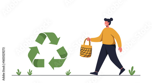 Sustainable lifestyle: smiling person with eco-friendly bag near recyc