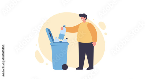 Person recycling plastic bottles into bin with eco-friendly concept