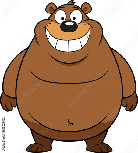 Cheerful Brown Cartoon Bear Character Grinning Widely On White Background