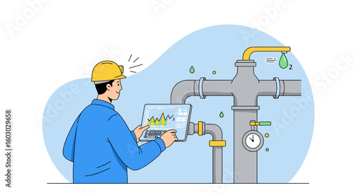 Engineer monitoring water system with tablet in flat design