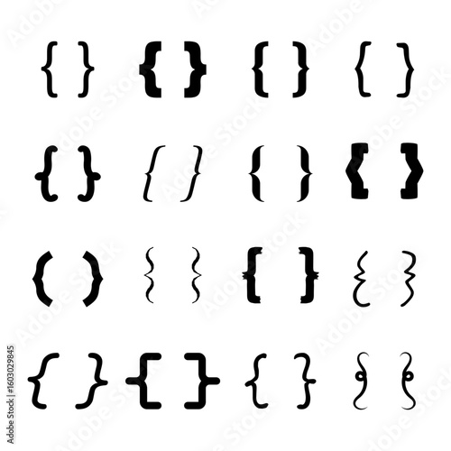 Set of Decorative Curly Brackets in Various Styles Vector Illustration. This vector illustration features a diverse collection of curly brackets displayed in a grid layout.