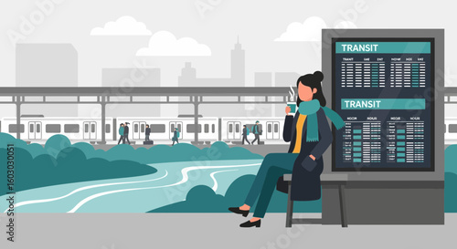Woman Waiting For Train Enjoying Coffee At A Railway Station