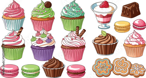 A delightful assortment of colorful cartoon desserts showcases cupcakes with pink, green, and chocolate frosting, alongside macarons, cookies, pudding, and a chocolate candy piece.