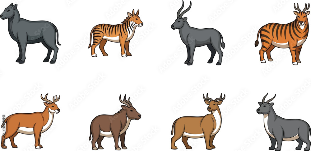 Fototapeta premium Collection of cartoon ungulates showcases diverse wildlife, featuring deer, antelope, and zebra-like creatures in a colorful and engaging illustration suitable for educational materials.
