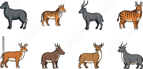 Collection of cartoon ungulates showcases diverse wildlife, featuring deer, antelope, and zebra-like creatures in a colorful and engaging illustration suitable for educational materials.