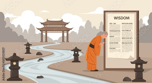 Monk Meditating At Ancient Temple Reads The Wisdom Message