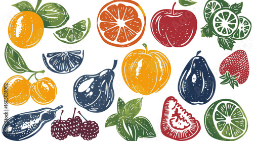 Tropical fruits element vector on transparent background, design linocut style illustration	